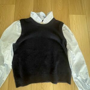 Tuckernuck Navy Blue Women's Sweater with ruffled collar and pinstripe blouse